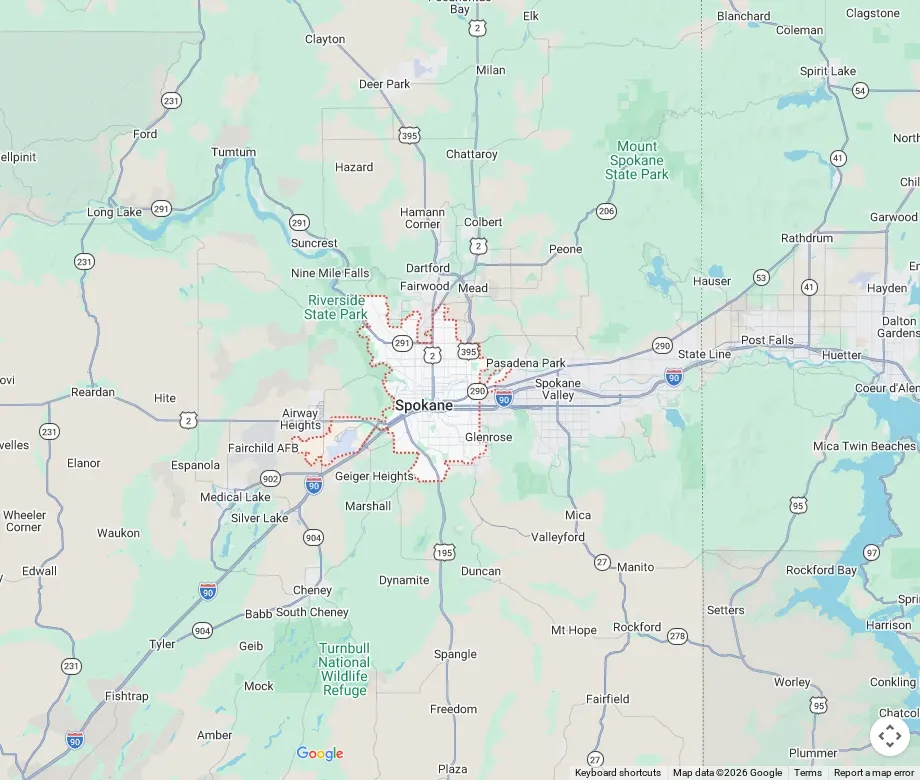 Map of Spokane, Washington and surrounding towns
